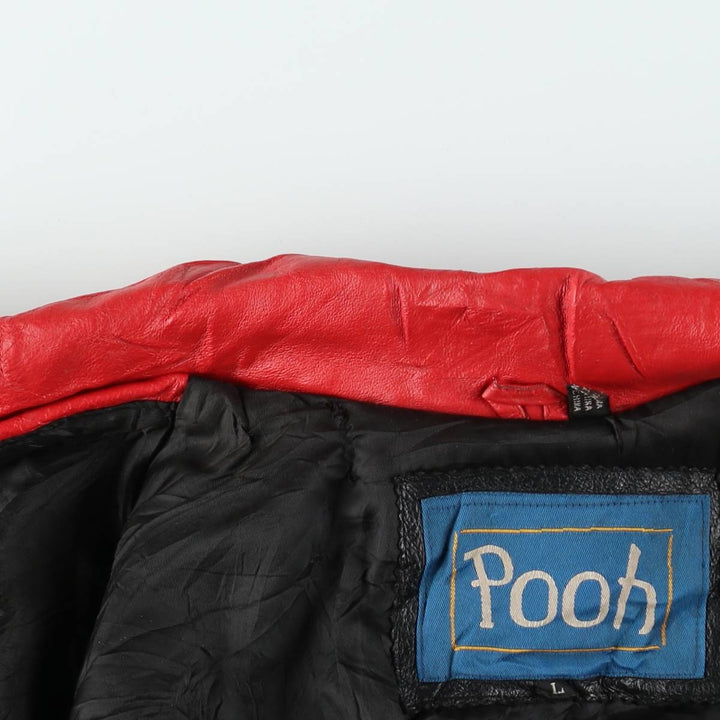 POOH (Winnie the Pooh) Padded Collared Leather Blouson, Men's Size L (Equivalent), Vintage genuine leather red type Vintage Second Hand