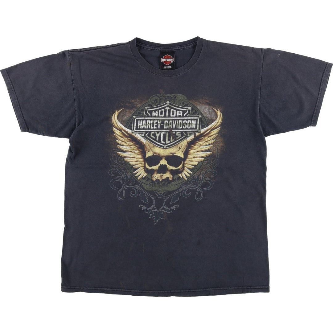 Harley-Davidson Skull Pattern Skull Wing Motorcycle Bike T-shirt Men's L size cotton black type Vintage Second Hand