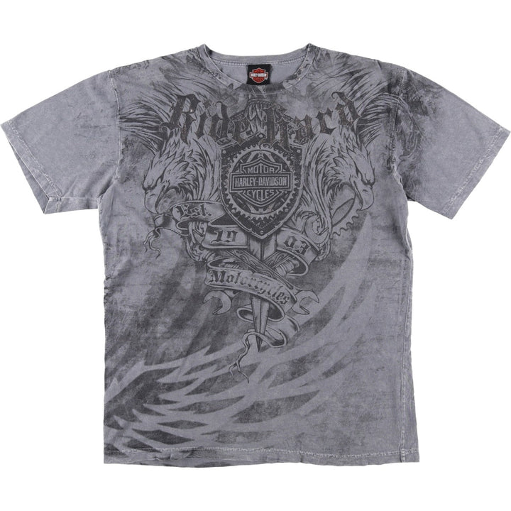 00'S Harley-Davidson Eagle Pattern Motorcycle Bike T-shirt Men's L size unclear gray type Vintage Second Hand