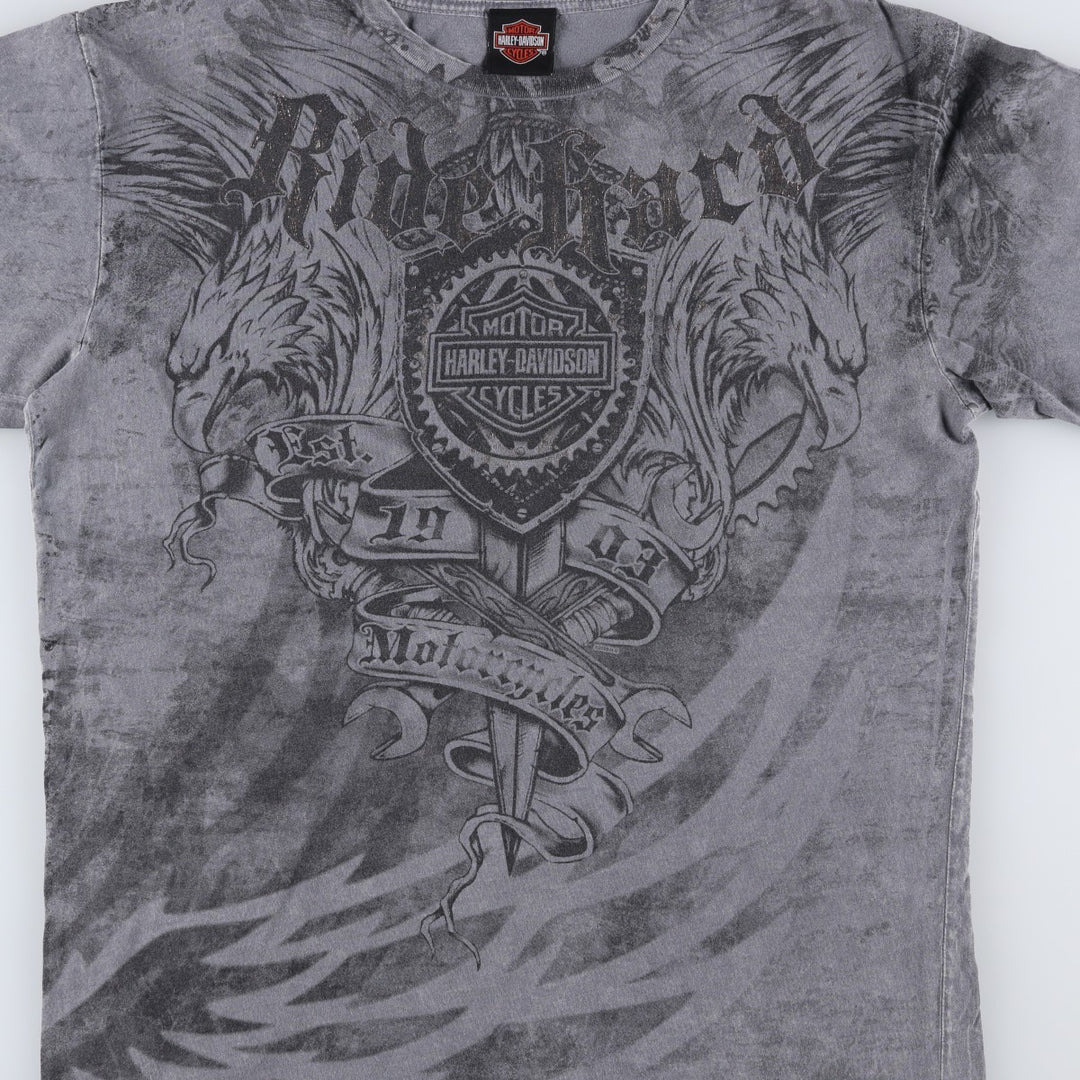 00'S Harley-Davidson Eagle Pattern Motorcycle Bike T-shirt Men's L size unclear gray type Vintage Second Hand