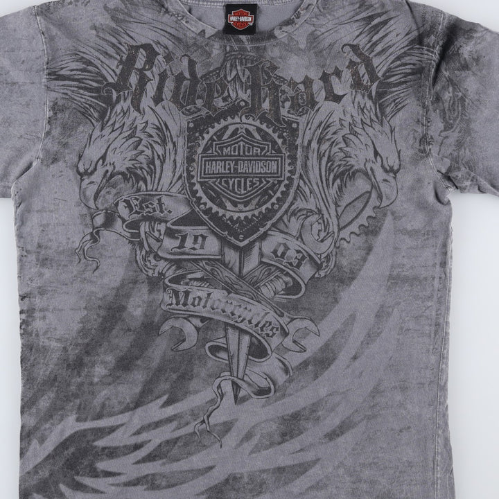 00'S Harley-Davidson Eagle Pattern Motorcycle Bike T-shirt Men's L size unclear gray type Vintage Second Hand