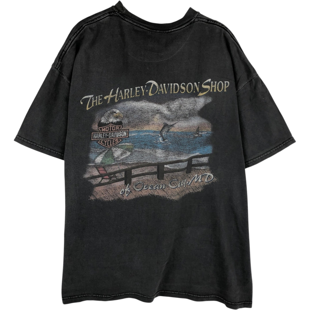 00'S Harley-Davidson Fire Pattern Motorcycle Bike T-Shirt Made in USA Men's XL cotton Charcoal Vintage Second Hand