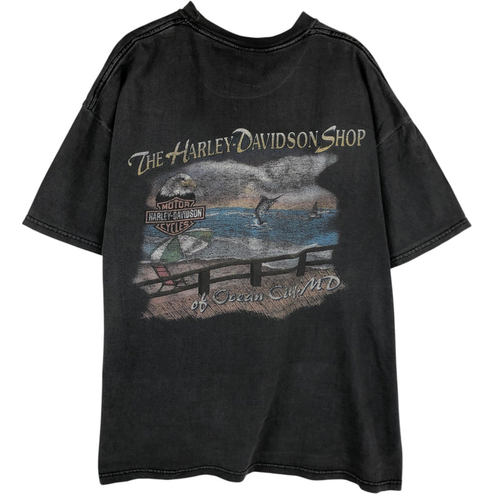00'S Harley-Davidson Fire Pattern Motorcycle Bike T-Shirt Made in USA Men's XL cotton Charcoal Vintage Second Hand