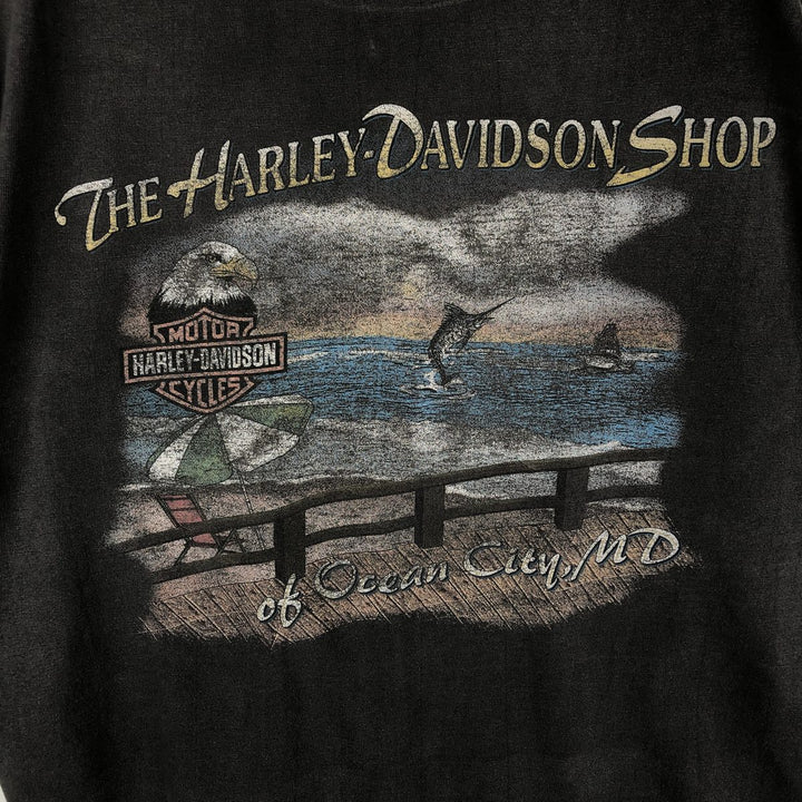 00'S Harley-Davidson Fire Pattern Motorcycle Bike T-Shirt Made in USA Men's XL cotton Charcoal Vintage Second Hand
