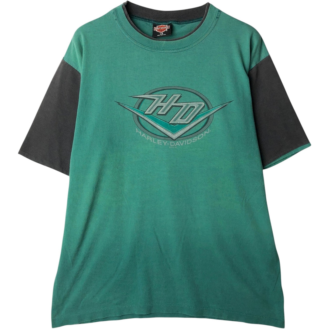 Harley-Davidson Motorcycle Bike T-shirt Made in USA Men's L size cotton green type Vintage Second Hand