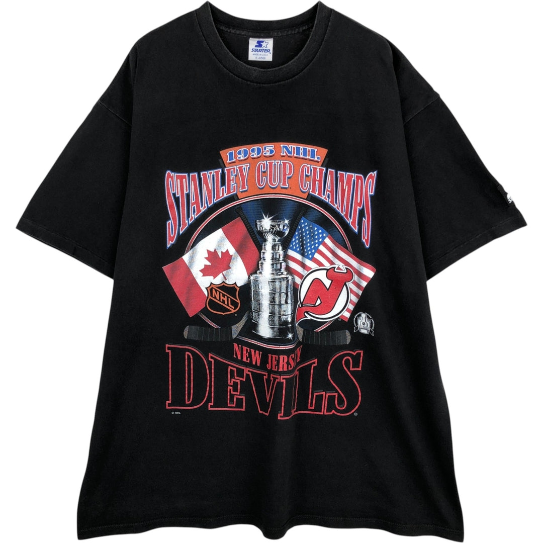 90'S Starter NHL New Jersey Devils American flag print sports t-shirt, made in USA, men's size XL equivalent, vintage. cotton black type Vintage Second Hand
