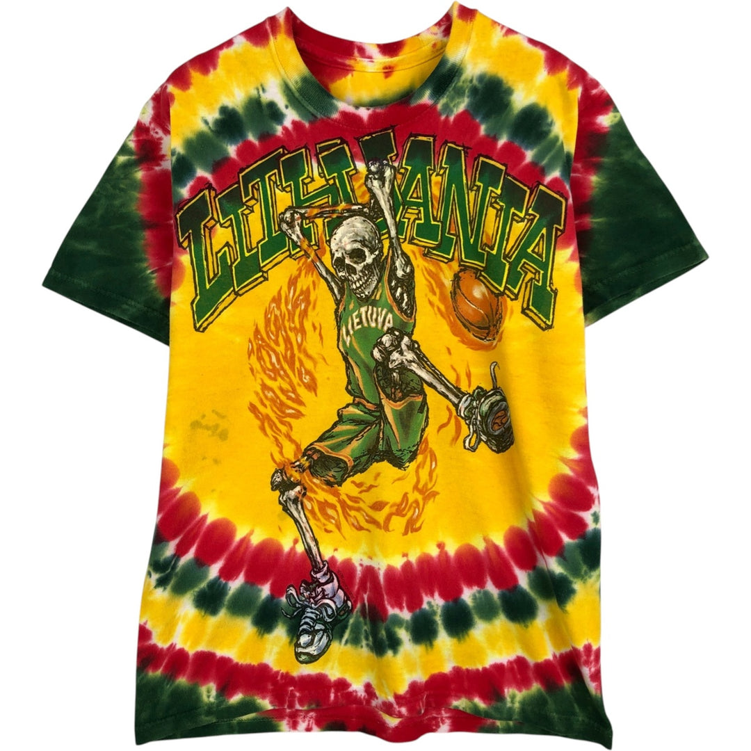 LITHUANIA BASKETBALL Tie-dye Pattern Sports Print T-shirt (Men's Size L) cotton yellow type Vintage Second Hand