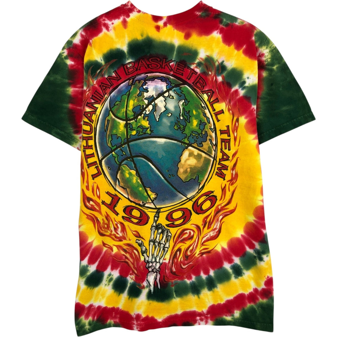 LITHUANIA BASKETBALL Tie-dye Pattern Sports Print T-shirt (Men's Size L) cotton yellow type Vintage Second Hand