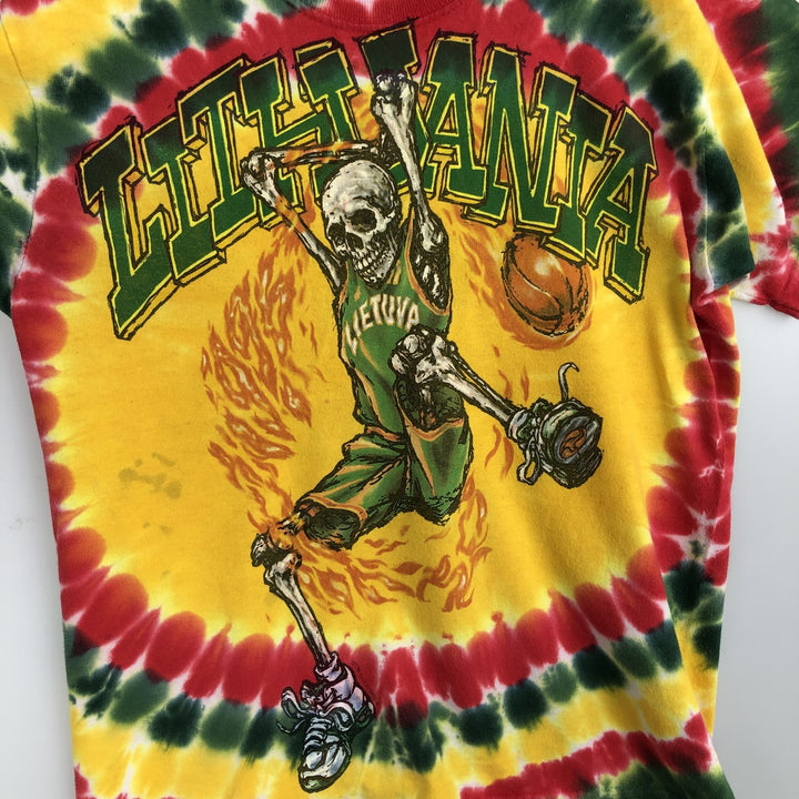 LITHUANIA BASKETBALL Tie-dye Pattern Sports Print T-shirt (Men's Size L) cotton yellow type Vintage Second Hand