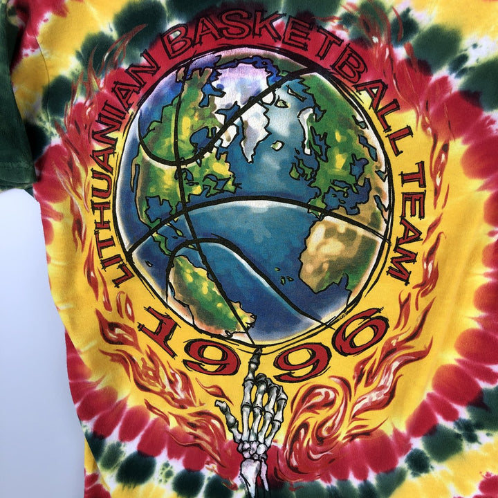 LITHUANIA BASKETBALL Tie-dye Pattern Sports Print T-shirt (Men's Size L) cotton yellow type Vintage Second Hand