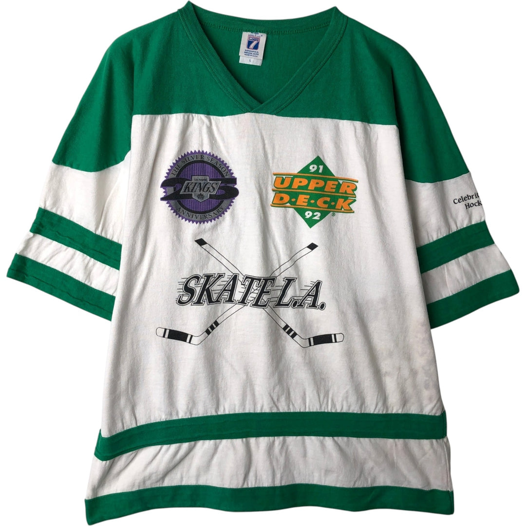 90'S LOGO7 NHL Los Angeles Kings V-neck sports print T-shirt, Made in USA, Men's size L equivalent, Vintage cotton white type Vintage Second Hand