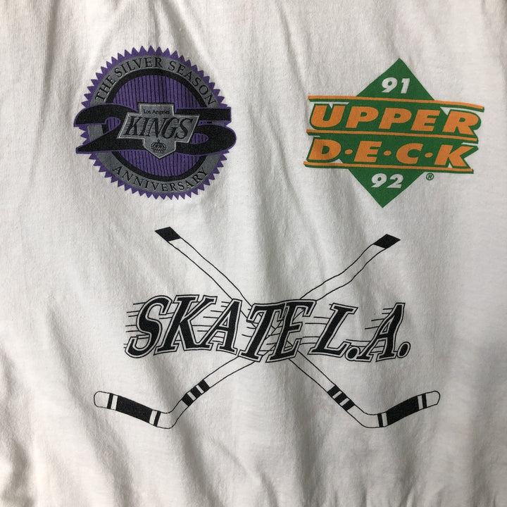 90'S LOGO7 NHL Los Angeles Kings V-neck sports print T-shirt, Made in USA, Men's size L equivalent, Vintage cotton white type Vintage Second Hand