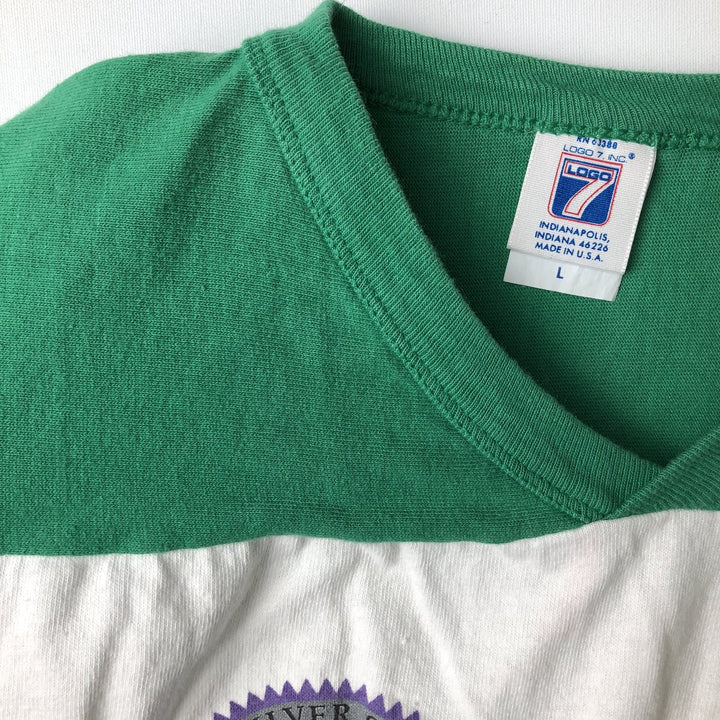 90'S LOGO7 NHL Los Angeles Kings V-neck sports print T-shirt, Made in USA, Men's size L equivalent, Vintage cotton white type Vintage Second Hand