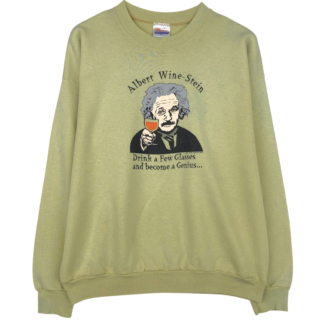 90'S Hanes parody print sweatshirt, men's size L (approx.) cotton Khaki type sage green Vintage Second Hand