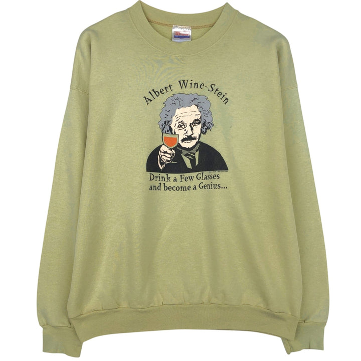 90'S Hanes parody print sweatshirt, men's size L (approx.) cotton Khaki type sage green Vintage Second Hand