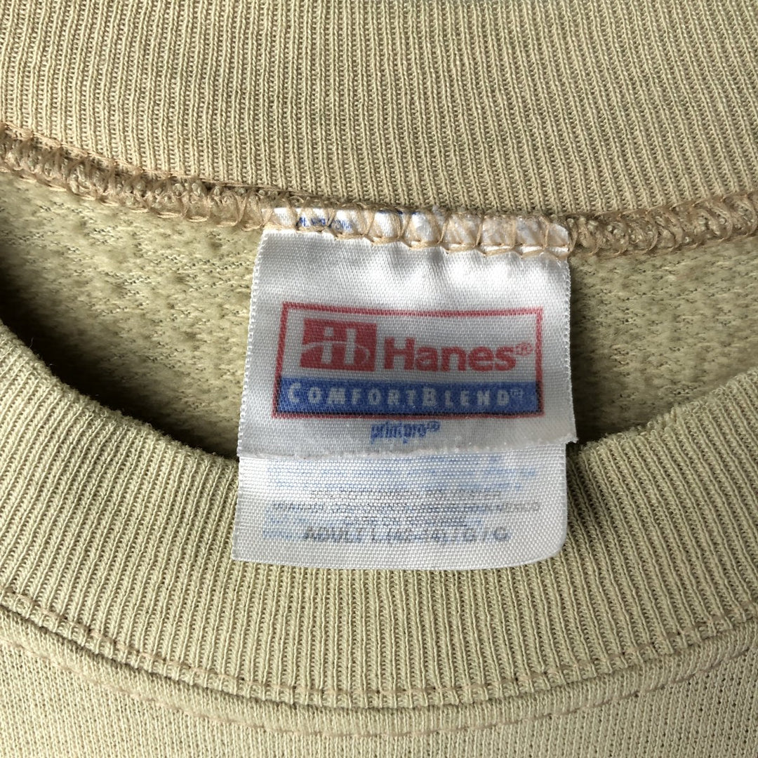 90'S Hanes parody print sweatshirt, men's size L (approx.) cotton Khaki type sage green Vintage Second Hand