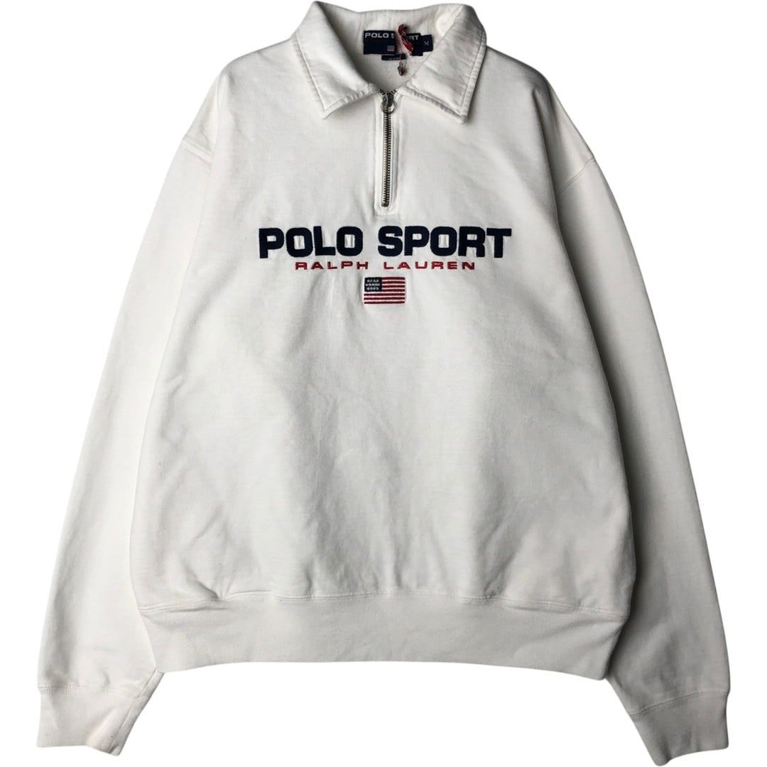 90'S Ralph Lauren Polo Sport American flag pattern collared half-zip sweatshirt, men's size M (approx.) cotton white type Vintage Second Hand