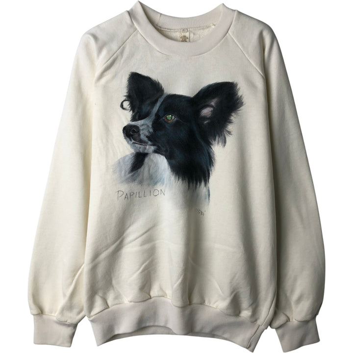 PAPILLON Dog Print Animal Sweatshirt (Men's XL equivalent) polyester unbleached Vintage Second Hand