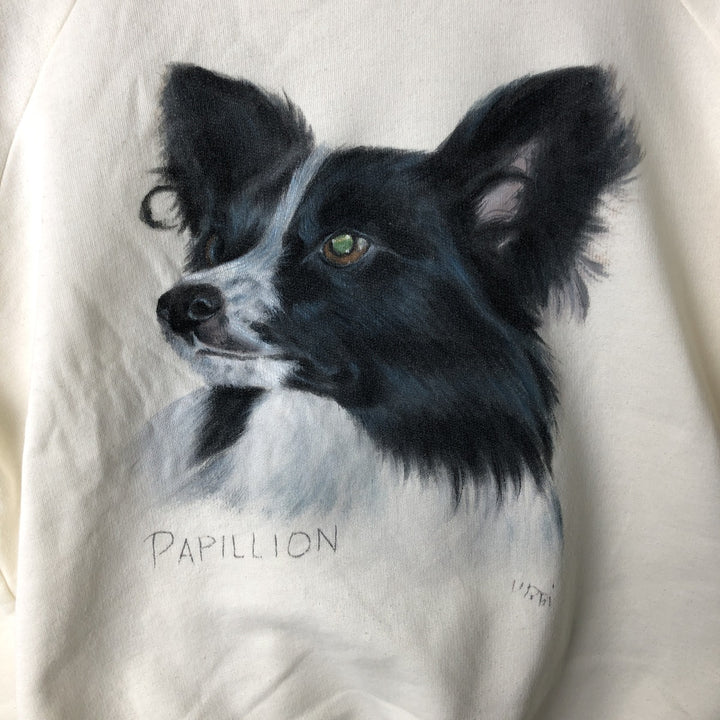 PAPILLON Dog Print Animal Sweatshirt (Men's XL equivalent) polyester unbleached Vintage Second Hand