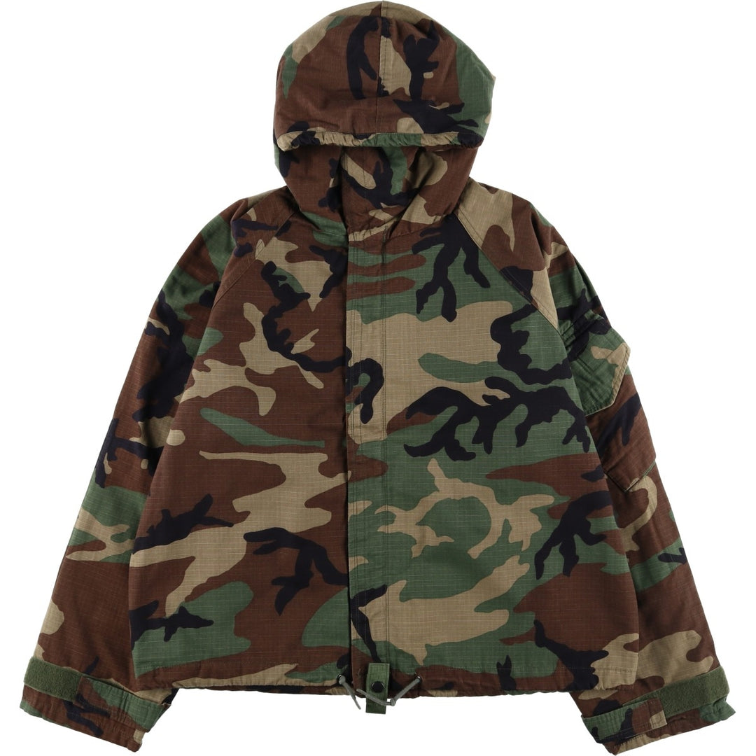 1990'S US Military Issue Woodland Camo Chemical Protective Jacket with Hood, Ripstop Fabric Nylon Khaki type Vintage Second Hand