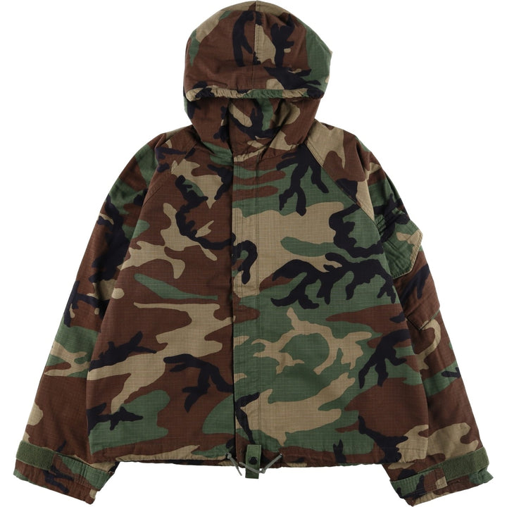1990'S US Military Issue Woodland Camo Chemical Protective Jacket with Hood, Ripstop Fabric Nylon Khaki type Vintage Second Hand
