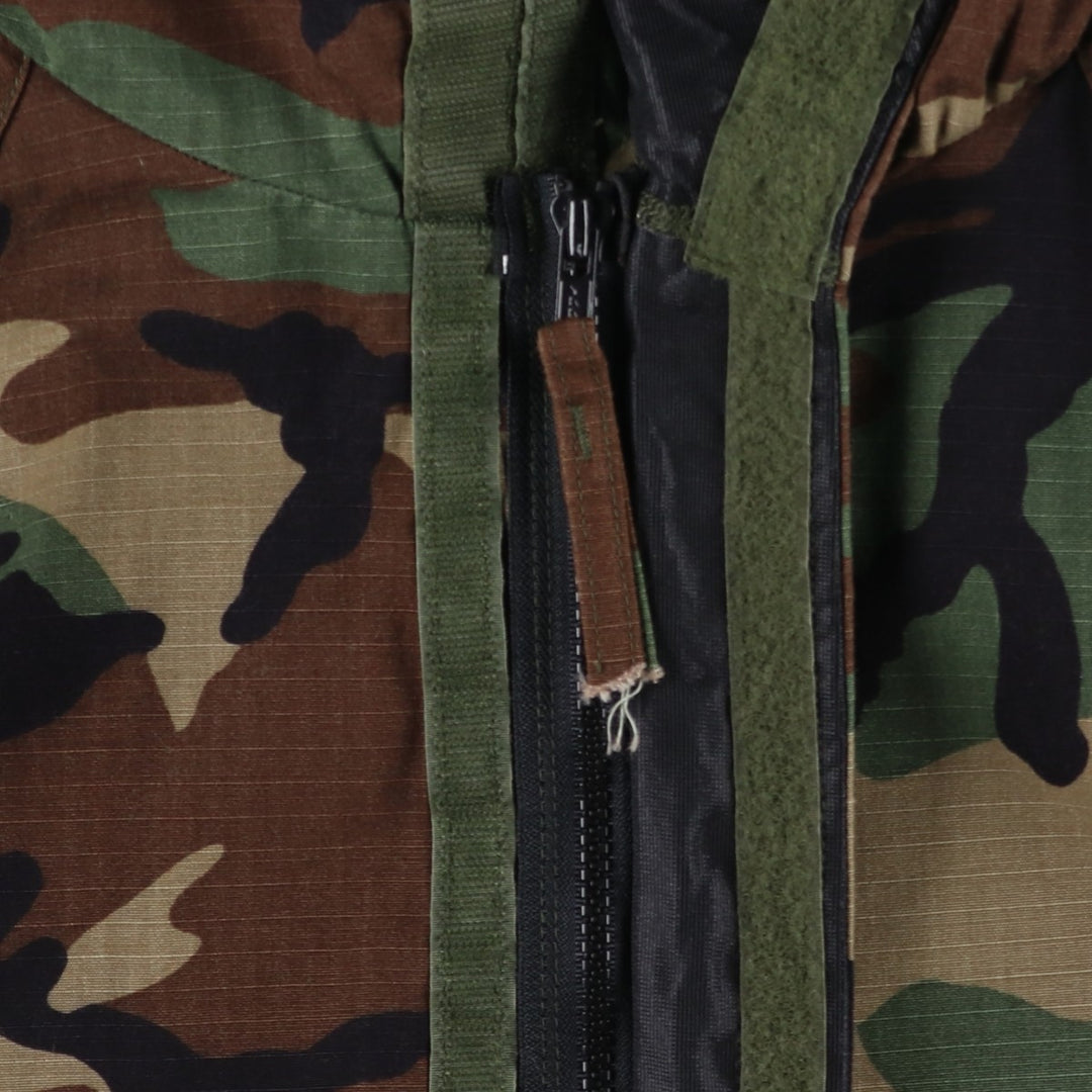 1990'S US Military Issue Woodland Camo Chemical Protective Jacket with Hood, Ripstop Fabric Nylon Khaki type Vintage Second Hand