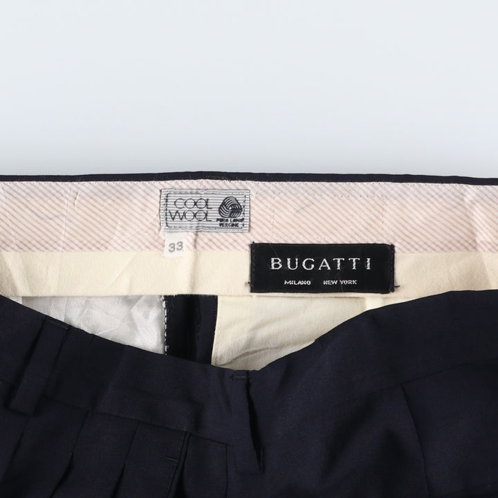 BUGATTI Three-Pleat Wool Trousers, Men's Size W33 (approx.) wool navy blue type Vintage Second Hand