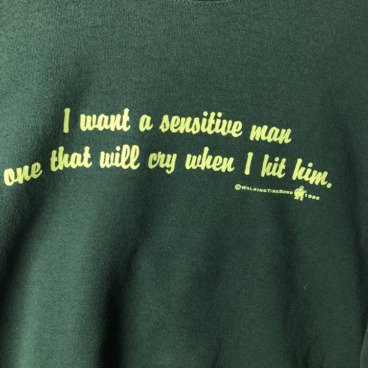 90'S WALKING TIME BOMB Message Print Sweatshirt, Men's Size L (Equivalent), Vintage unclear Green type dark green Vintage Second Hand