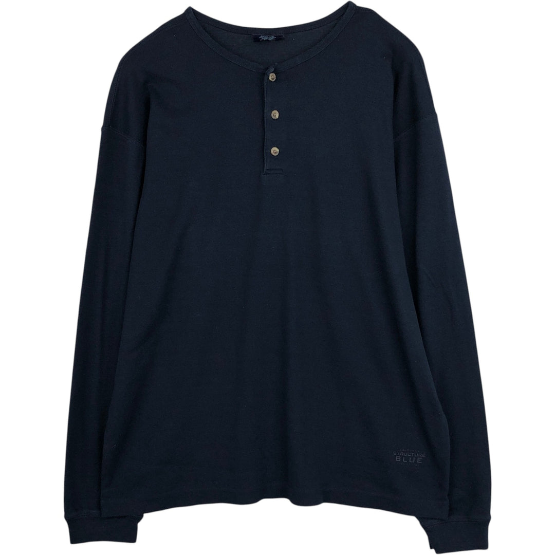 BLUE Henley Neck Long-Sleeve T-Shirt, Made in USA, Men's Size XL (approx.) cotton navy blue type Vintage Second Hand