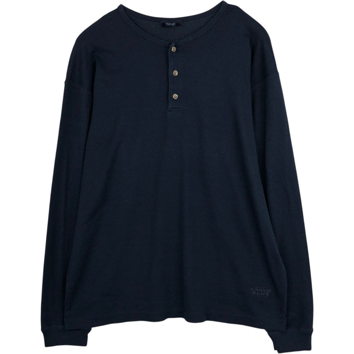 BLUE Henley Neck Long-Sleeve T-Shirt, Made in USA, Men's Size XL (approx.) cotton navy blue type Vintage Second Hand