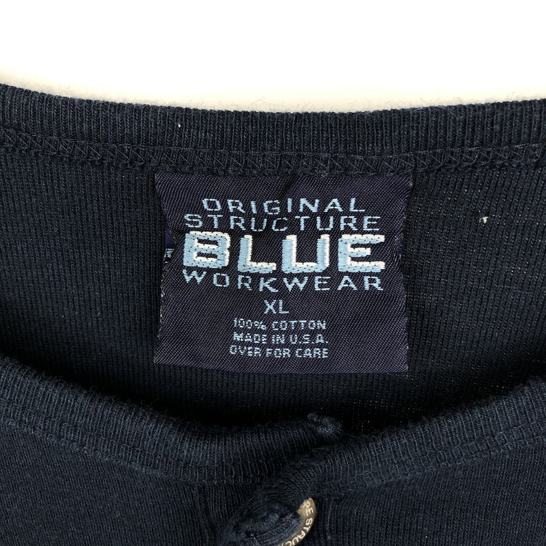 BLUE Henley Neck Long-Sleeve T-Shirt, Made in USA, Men's Size XL (approx.) cotton navy blue type Vintage Second Hand