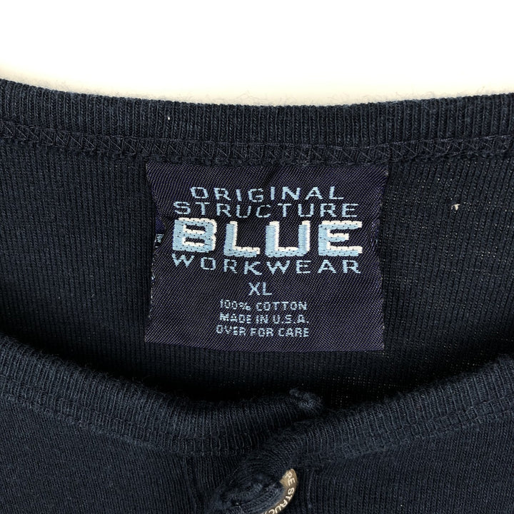 BLUE Henley Neck Long-Sleeve T-Shirt, Made in USA, Men's Size XL (approx.) cotton navy blue type Vintage Second Hand