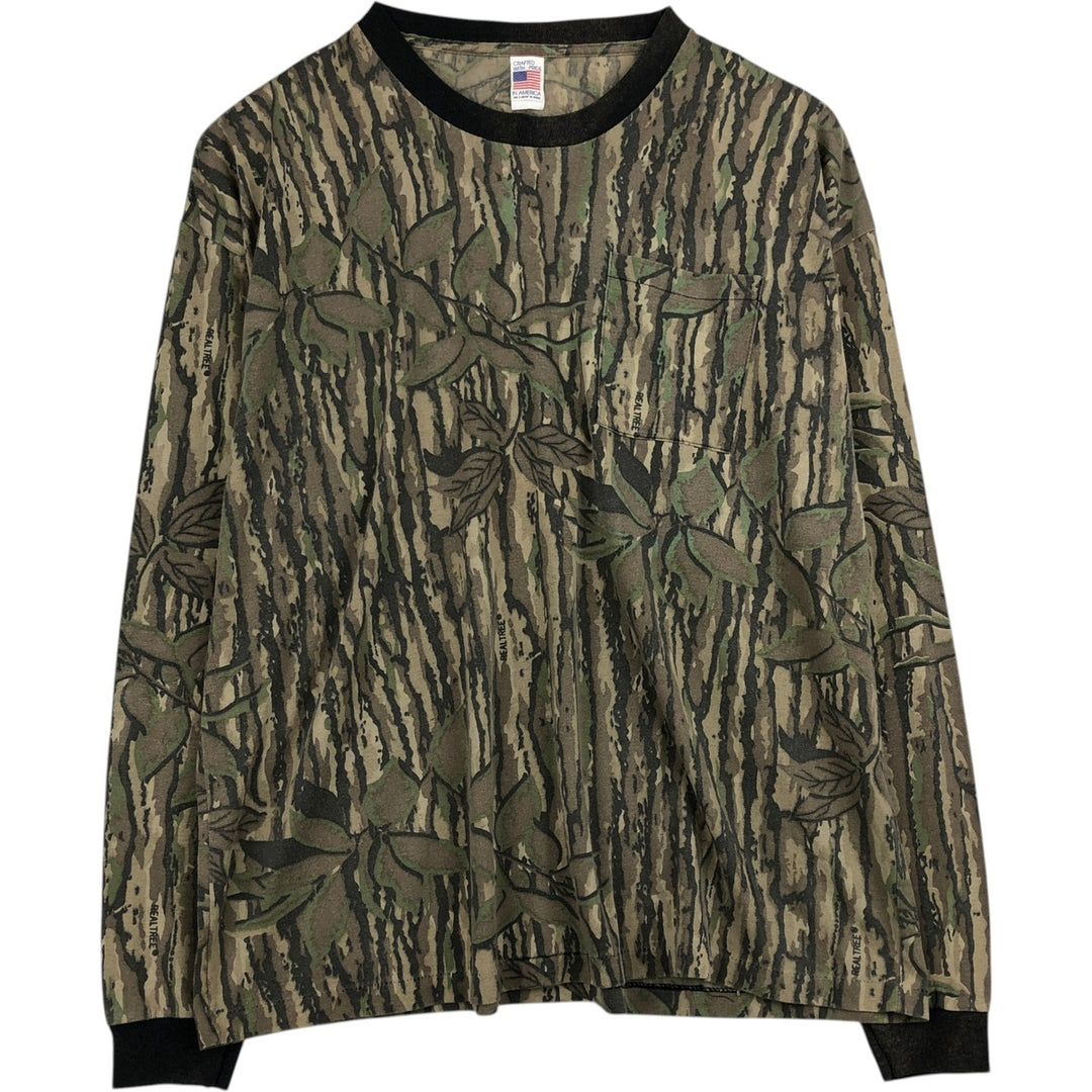 80s-90'S Camouflage Pattern Real Tree Camo Long-Sleeve T-Shirt, Made in USA, Men's XXL Equivalent, Vintage polyester Khaki type Vintage Second Hand