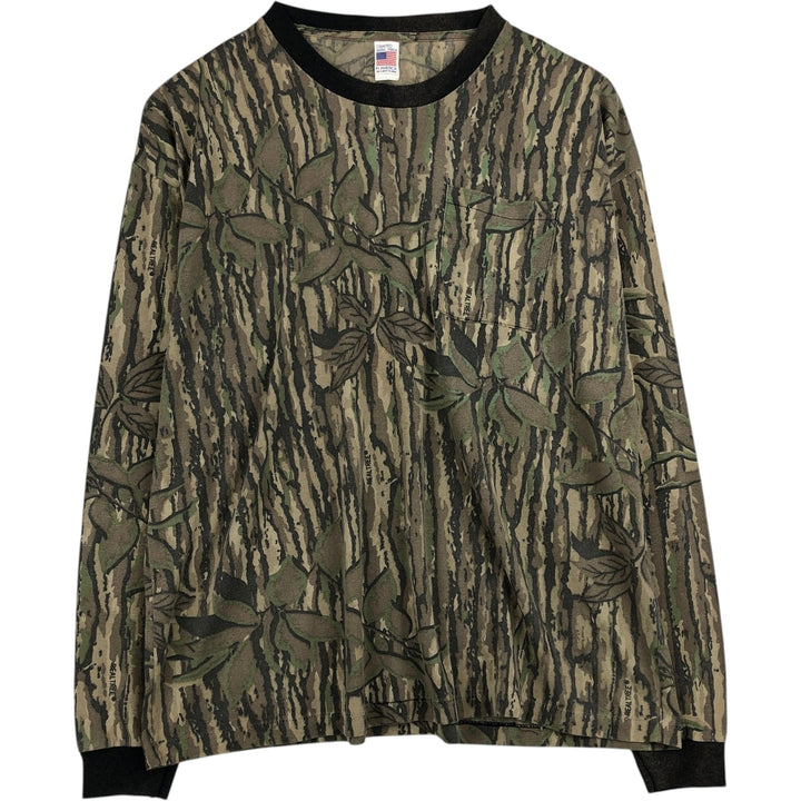 80s-90'S Camouflage Pattern Real Tree Camo Long-Sleeve T-Shirt, Made in USA, Men's XXL Equivalent, Vintage polyester Khaki type Vintage Second Hand