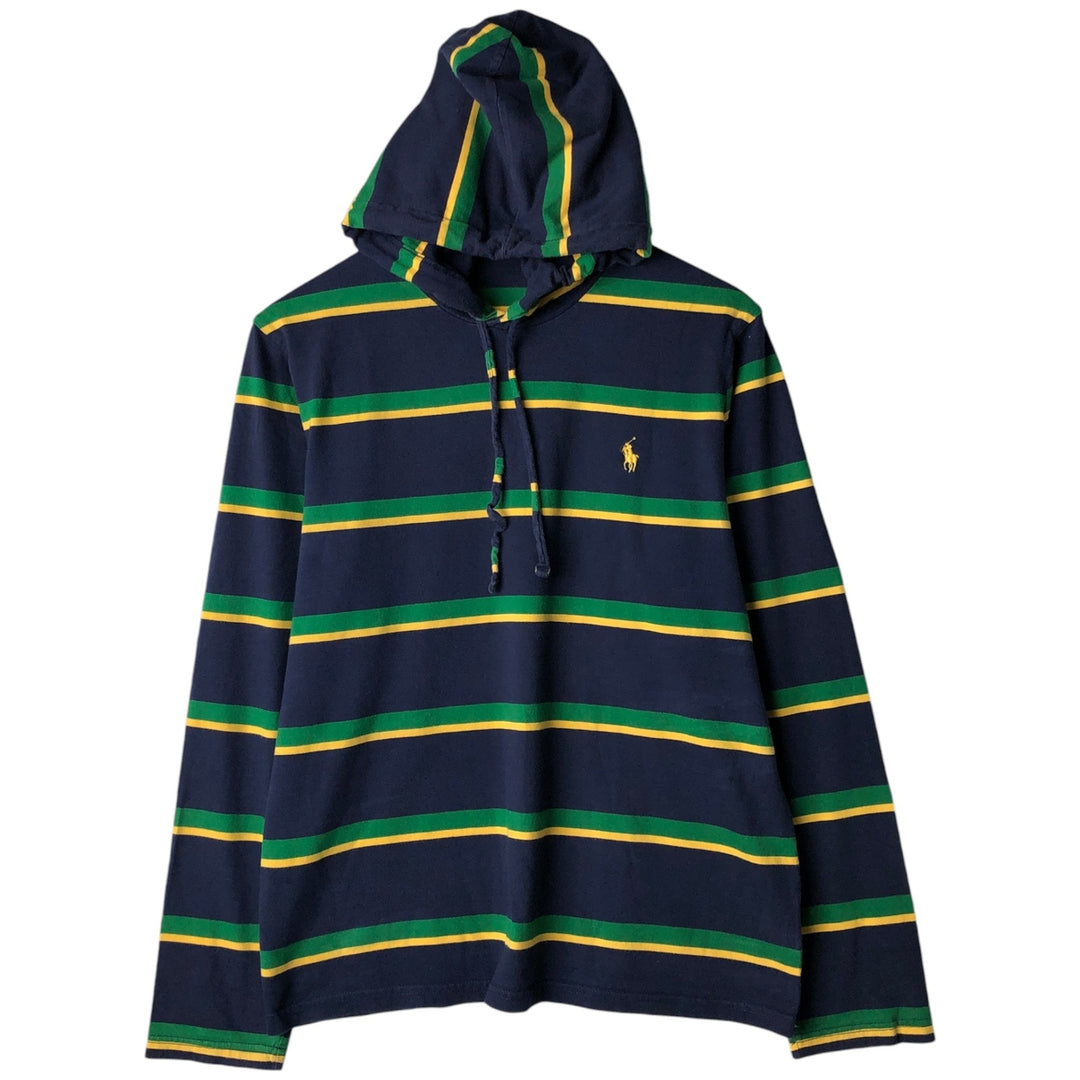 Ralph Lauren POLO RALPH LAUREN Multi-stripe Hooded Long-Sleeve T-Shirt (Men's Size M) cotton navy blue type Vintage Second Hand