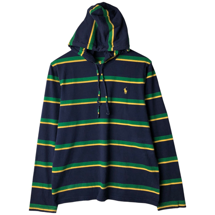 Ralph Lauren POLO RALPH LAUREN Multi-stripe Hooded Long-Sleeve T-Shirt (Men's Size M) cotton navy blue type Vintage Second Hand