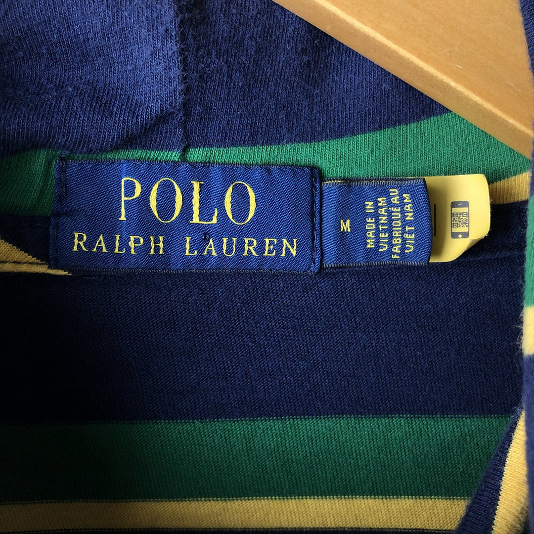 Ralph Lauren POLO RALPH LAUREN Multi-stripe Hooded Long-Sleeve T-Shirt (Men's Size M) cotton navy blue type Vintage Second Hand
