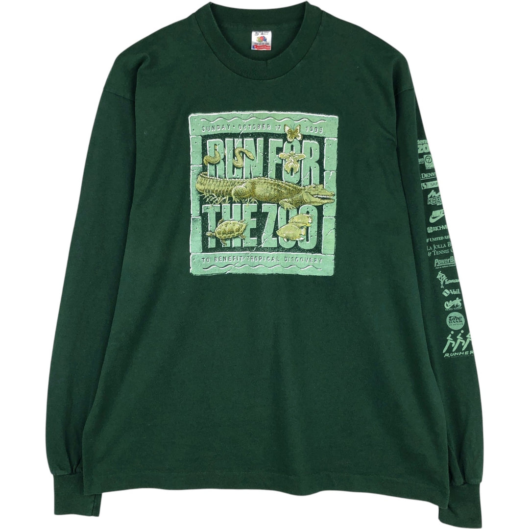 90'S Fruit of the Loom RUN FOR THE ZOO Long-Sleeve T-Shirt, Made in USA, Men's XL equivalent, Vintage cotton Green type dark green Vintage Second Hand