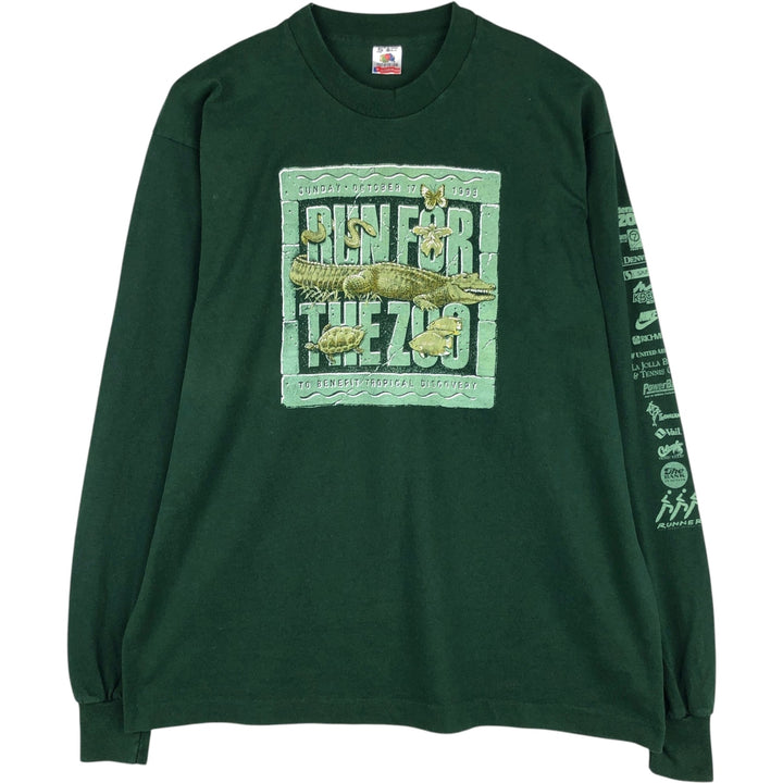 90'S Fruit of the Loom RUN FOR THE ZOO Long-Sleeve T-Shirt, Made in USA, Men's XL equivalent, Vintage cotton Green type dark green Vintage Second Hand