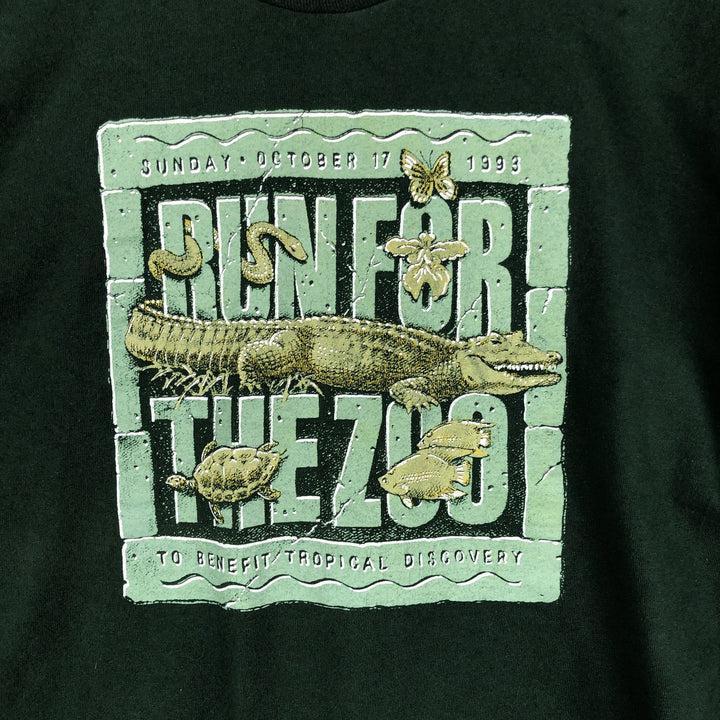 90'S Fruit of the Loom RUN FOR THE ZOO Long-Sleeve T-Shirt, Made in USA, Men's XL equivalent, Vintage cotton Green type dark green Vintage Second Hand