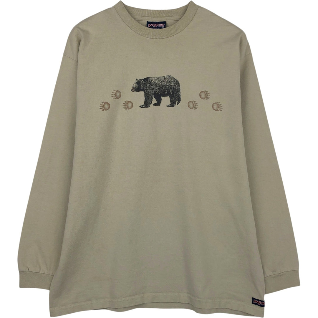 90'S Jansport Bear Pattern Long-Sleeve T-Shirt, Made in USA, Men's Size L (Equivalent), Vintage cotton Beige type Vintage Second Hand