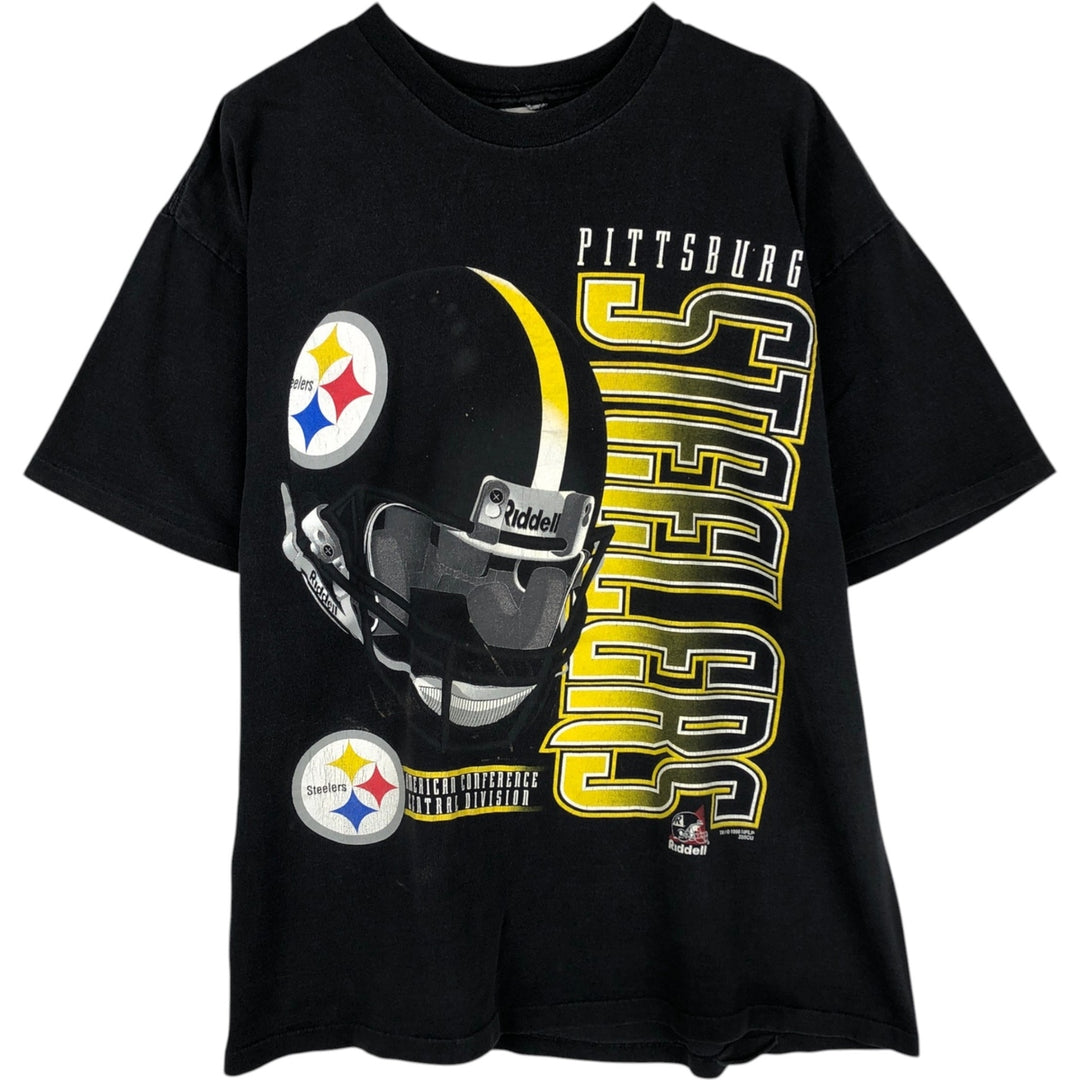1990'S NFL Pittsburgh Steelers sports print t-shirt, made in USA, men's size L equivalent, vintage. cotton black type Vintage Second Hand
