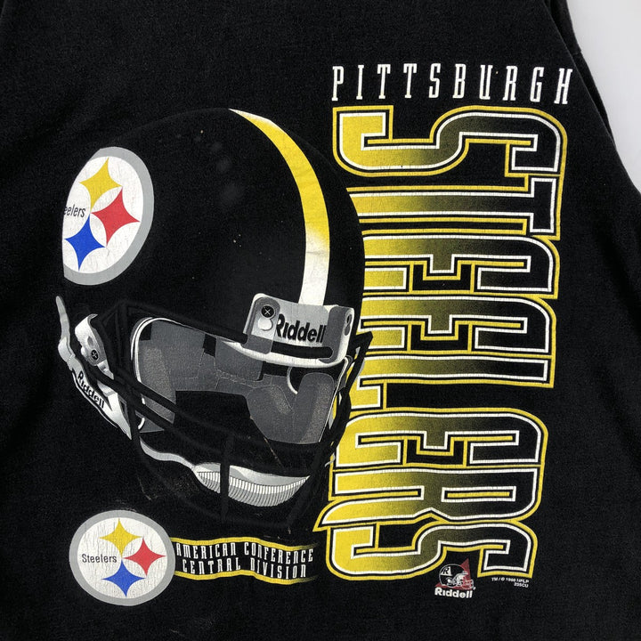1990'S NFL Pittsburgh Steelers sports print t-shirt, made in USA, men's size L equivalent, vintage. cotton black type Vintage Second Hand