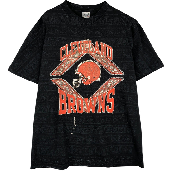 90'S Anvil NFL Cleveland Browns All-Over Print Sports Print T-Shirt, Made in USA, Men's XL (approx.) cotton Charcoal Vintage Second Hand