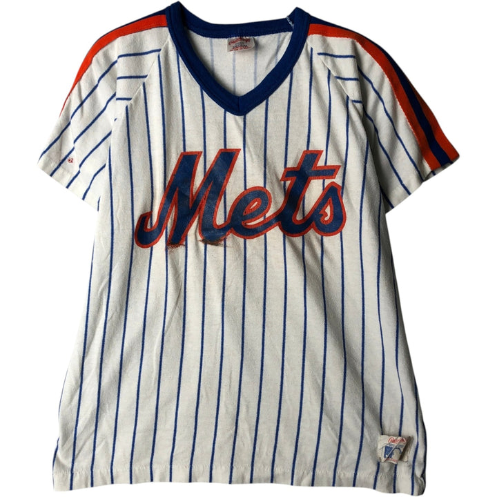 ~90'S RAWLINGS MLB New York Mets Stripe Pattern V-Neck Sports Print T-Shirt, Made in USA, Women's Size M polyester white type Vintage Second Hand