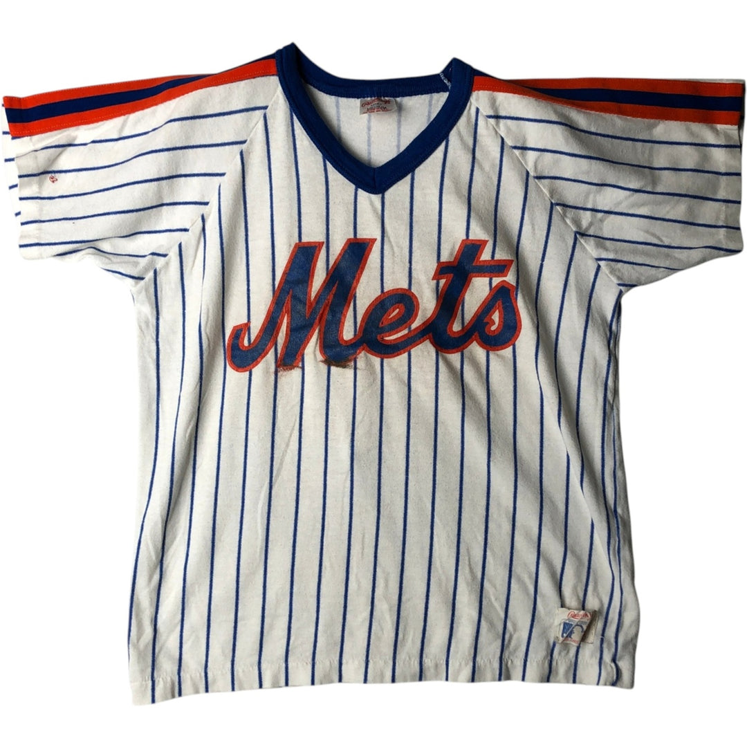 ~90'S RAWLINGS MLB New York Mets Stripe Pattern V-Neck Sports Print T-Shirt, Made in USA, Women's Size M polyester white type Vintage Second Hand