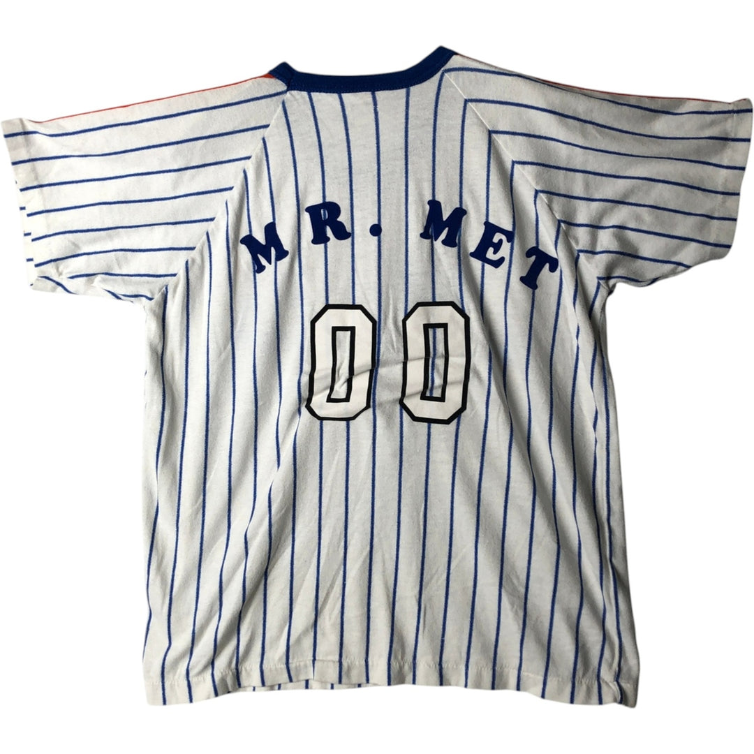 ~90'S RAWLINGS MLB New York Mets Stripe Pattern V-Neck Sports Print T-Shirt, Made in USA, Women's Size M polyester white type Vintage Second Hand