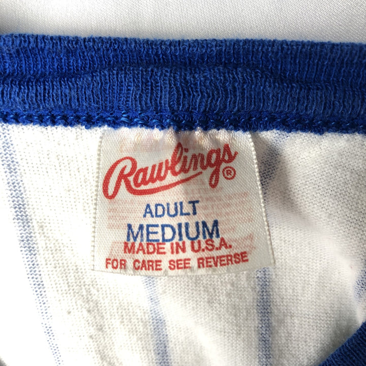 ~90'S RAWLINGS MLB New York Mets Stripe Pattern V-Neck Sports Print T-Shirt, Made in USA, Women's Size M polyester white type Vintage Second Hand