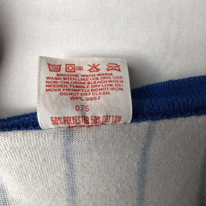 ~90'S RAWLINGS MLB New York Mets Stripe Pattern V-Neck Sports Print T-Shirt, Made in USA, Women's Size M polyester white type Vintage Second Hand