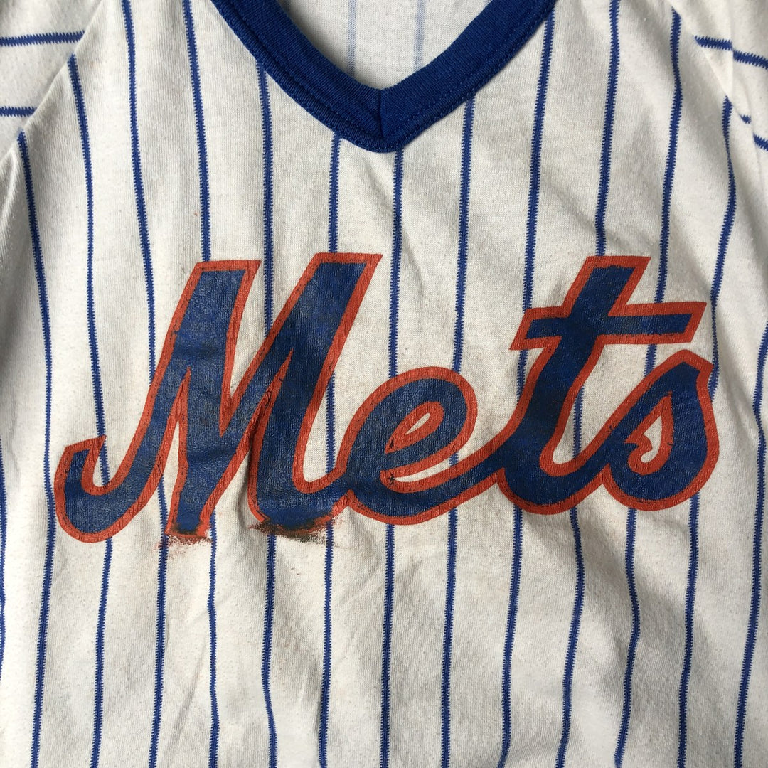 ~90'S RAWLINGS MLB New York Mets Stripe Pattern V-Neck Sports Print T-Shirt, Made in USA, Women's Size M polyester white type Vintage Second Hand